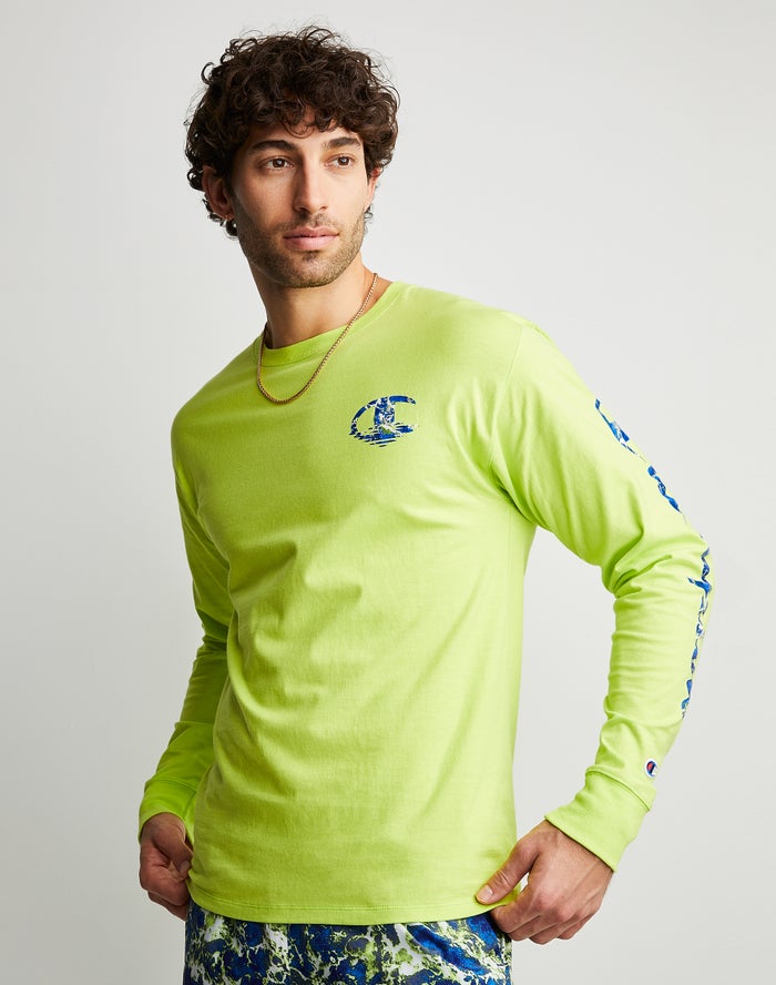 Champion Mens T-Shirt NZ - Classic Long-Sleeve Chasing Waves Green ( 0653-VIADP )